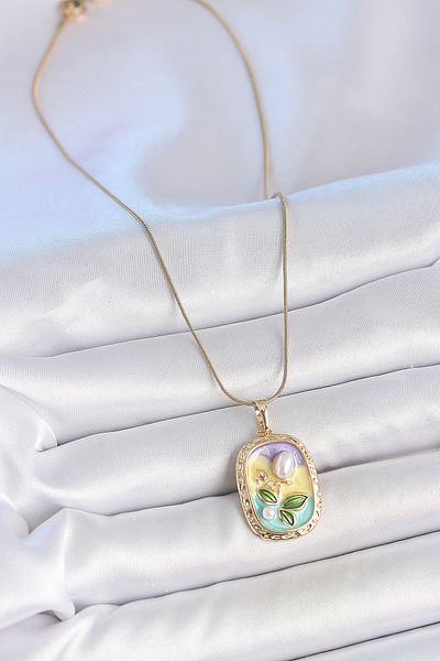 Clariss 316L Steel Gold Color Chain Pearl Flower Embroidered Portrait Model Women's Necklace