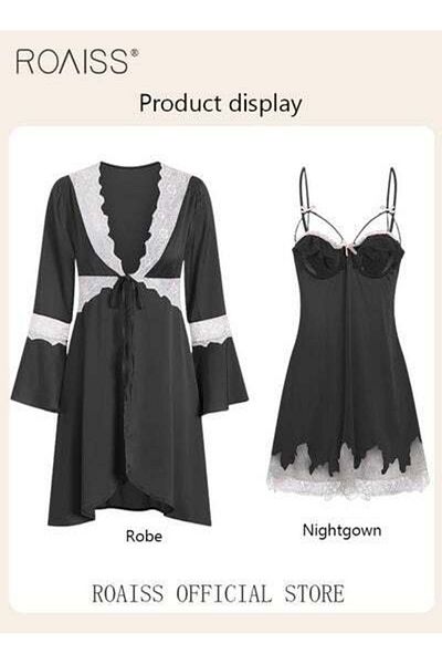ROAISS Women Pajamas with V-Neck Design Women Home Wear Set Same Color Outer Robe Lace Element Nightgown