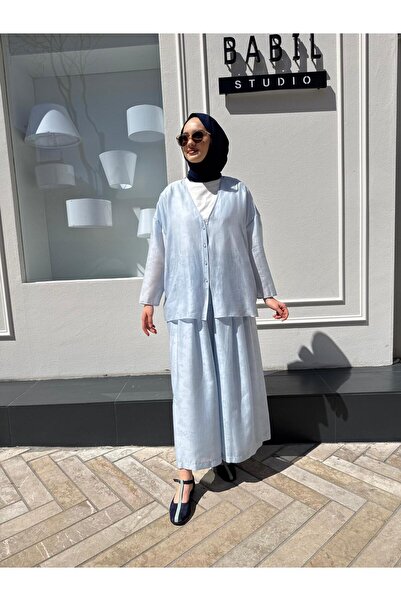 QOOQ STORE Fabric Patterned Cotton Women's Suit Baby Blue