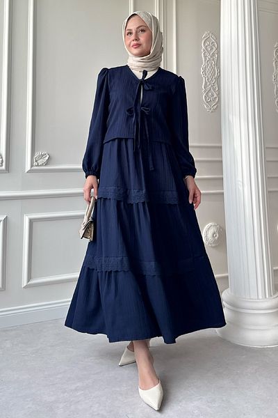 InStyle Σετ Crepe Navy Blue με Κορδέλα Δαντέλα Λεπτομέρεια Φούστα