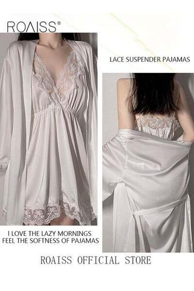 ROAISS Women Pajamas with V-Neck Design Women Home Wear Set Same Color Outer Robe Lace Element Nightgown