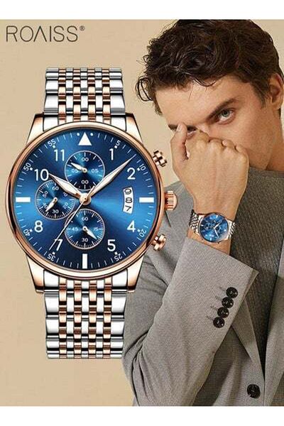 ROAISS Men's Stainless Steel Strap Quartz Watch Round Blue Dial with Date Display Wristwatch