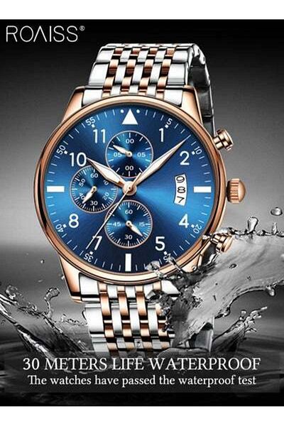 ROAISS Men's Stainless Steel Strap Quartz Watch Round Blue Dial with Date Display Wristwatch