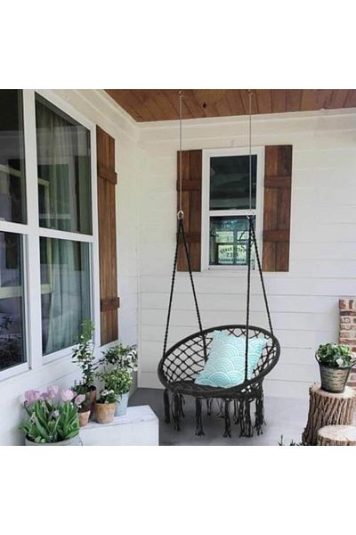 Türkiye Hammock Chair, Hanging Swing with Macrame and Cushion, Max 330 Lbs, Beige Hanging Cotton Rope Chair