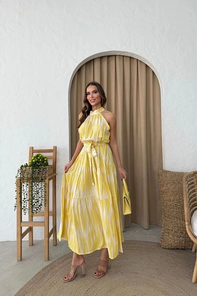 MOZENA Halter Neckline Patterned Long Dress with Waist Belt