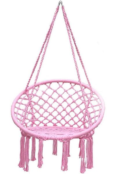 Türkiye Hammock Chair, Hanging Swing with Macrame and Cushion, Max 330 Lbs, Beige Hanging Cotton Rope Chair