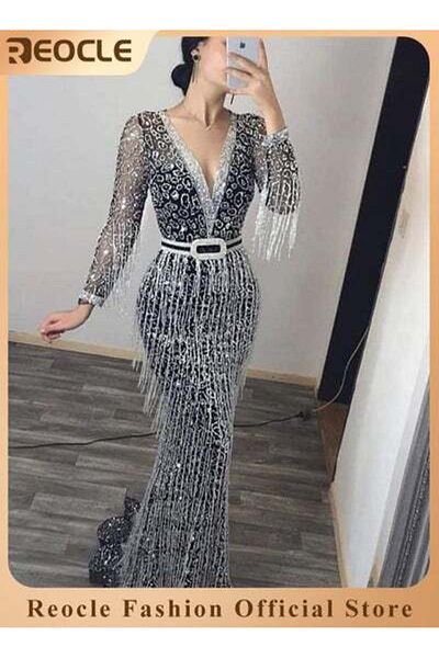 REOCLE Women's Sequin Dress Deep Glitter Bodycon Stretchy Evening Dress Long Sleeve Dress Party Dress