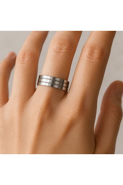 BY YASİN TOPÇU Triple Silver Stripe Steel Ring (19 Sizes)