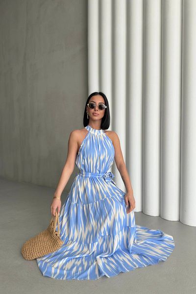 MOZENA Halter Neckline Waist Belted Patterned Viscose Fabric Long Dress