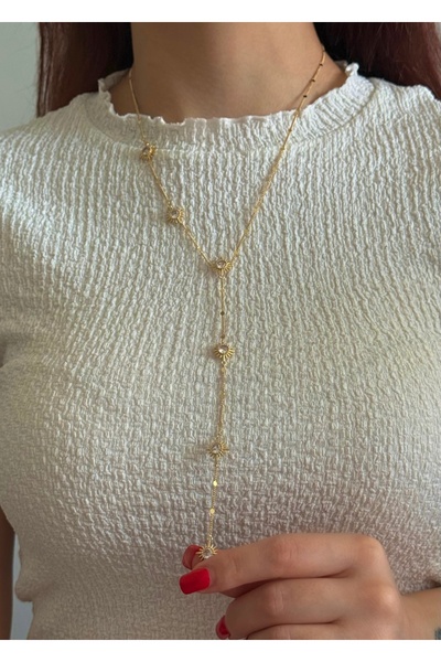 Home Sihra Accessories zirkon taşlı yıldız model Y Kolye dekolte kolyesi gold...