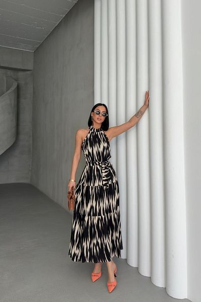 MOZENA Halter Neckline Waist Belted Patterned Viscose Fabric Long Dress