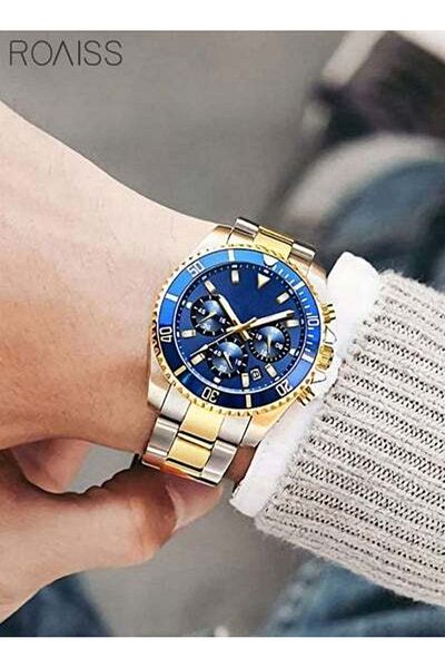 ROAISS Men's Stainless Steel Strap Quartz Watch Analog Display Round Blue Dial Wristwatch