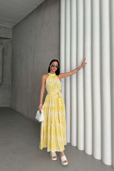 MOZENA Halter Neckline Waist Belted Patterned Viscose Fabric Long Dress