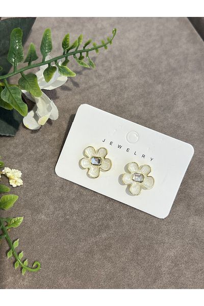 VİYA Steel Earrings with Flower Motif and Stone in the Middle