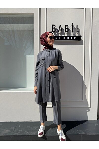 MissWhence Cepli Düğmeli Kadın İnce Kot Gömlek Gri