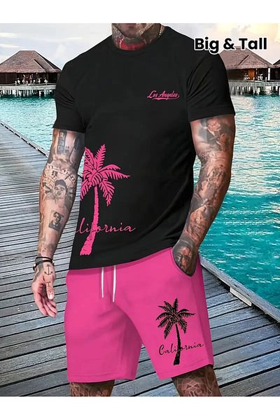 LUNAVISTA Set - Plain Hawaiian Style Shirt and Sports Shorts, Breathable Polyester