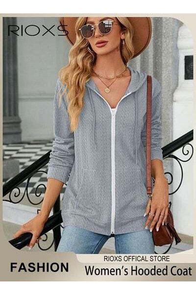 RIOXS Women's Zip-up Cardigan, Stylish Long Sleeve Hoodies with Special Texture, Comfortable Casual Coat