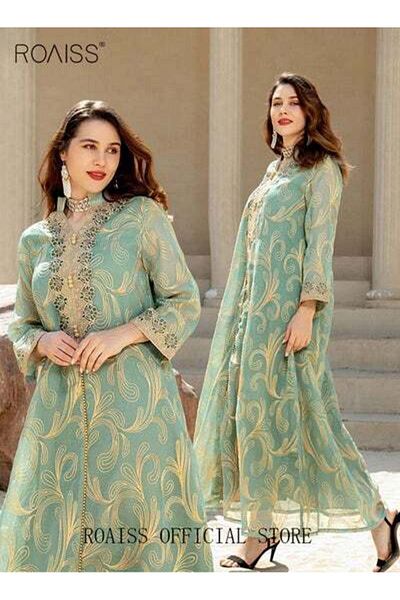 ROAISS Women Stand Collar Graphic Printing Robe Maxi Dresses Abaya Middle East Banquet Wedding Party Dress