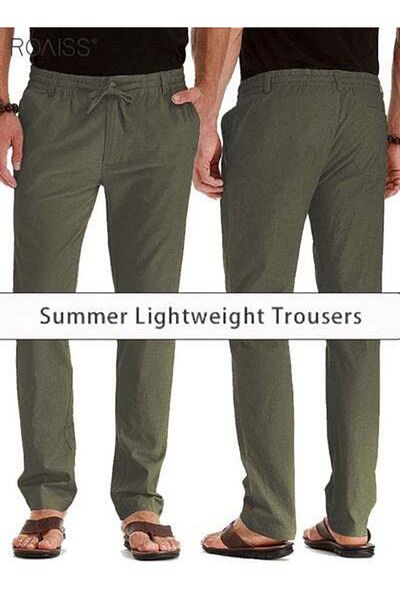 ROAISS Men's Casual Solid Color Pants Cotton Versatile Business Trousers Soft Mid-Rise Straight Long Pants