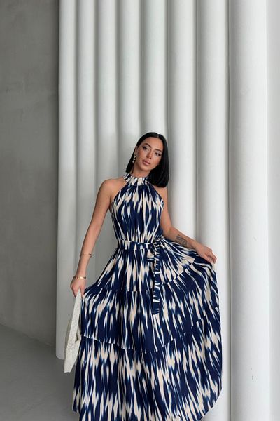 MOZENA Halter Neckline Waist Belted Patterned Viscose Fabric Long Dress