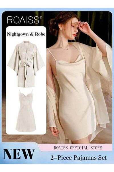 ROAISS Women Pajamas with V-Neck Design Women Home Wear Set Same Color Outer Robe Lace Element Nightgown