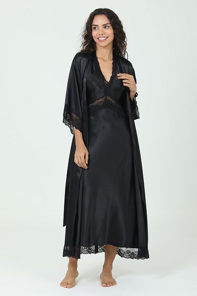 Bondy Set de cămașă de noapte din satin cu decolteu pe spate, romantic, cu fantă lungă, serie premium NEGRU