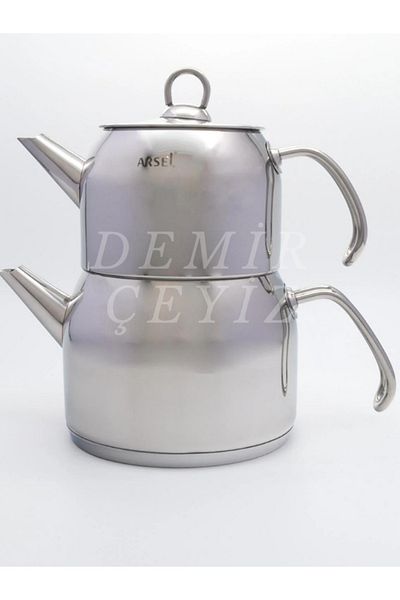 Demir Çeyiz طقم إبريق شاي فولاذي كبير الحجم من آرسيل - مقابض فولاذية (علوي: 1,85 لتر / سفلي: 2,35 لتر)