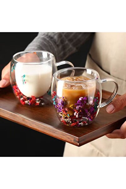 ELSA 2'li Çift Cidarlı Flower Cup 250ml Çiçekli Bardak Kahve Çay Bardağı Kulplu Cam Bardak Set