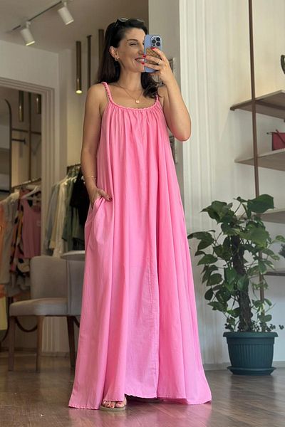 Unique Boutique Pink Knitted Strap Long Cotton Pocket Dress