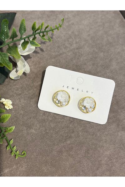 VİYA Minimal Flower and Pearl Detailed Steel Earrings