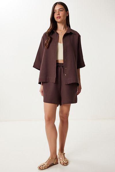 Lovelyİstanbul Muslin Shirt Shorts Set Ldp0064 Brown