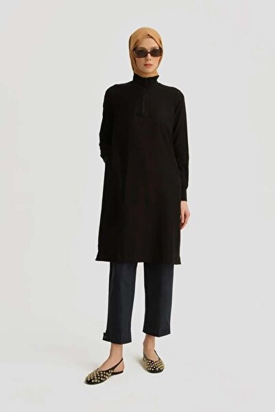 Armine Yarım Fermuarlı Ribanalı Tunik - Siyah