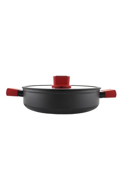 gogiva Low saucepan, aluminum, non-stick, black, with glass lid and red silicone-wrapped handles, 28 cm