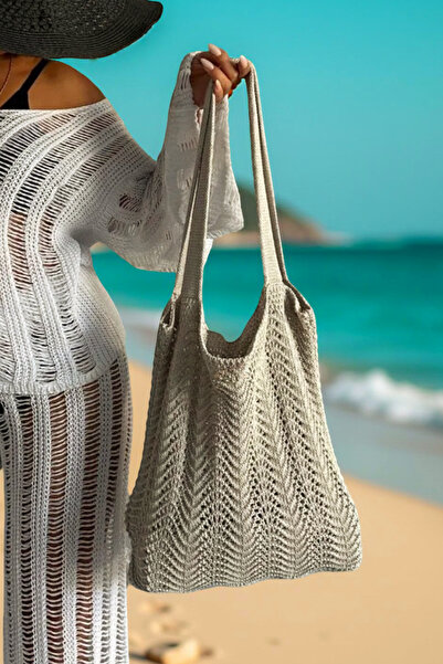 AQE FASHION Women's Wave Patterned Knitted Casual Knitwear Mink Beach Bag 40X36