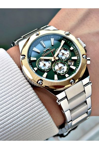Slazenger 10 Atm Waterproofness Silver-Green Color Steel Cord Steel Case Men Wrist Watch 2501.04Mr