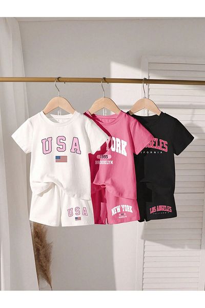 Elmude Girls' Summer Shorts T-Shirt Set Set of 3 - Printed Casual Sports Set (Age 3-14)