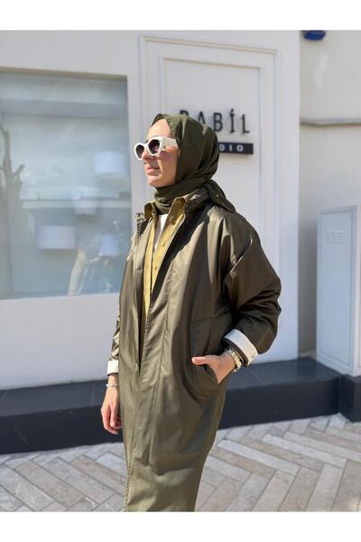 QOOQ STORE Yakası Fermuarlı Kadın Yağmurluk Haki Yeşil
