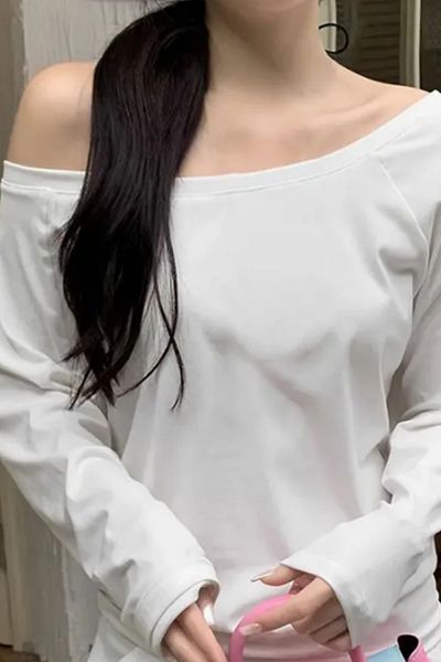 Tarz Cool White Women's Off Shoulder Boat Neck Oversize Long Sleeve T-Shirt