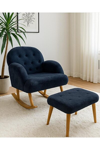 MİRACLE 3D LÜX Düğmeli Sallanan Ahşap Ayaklı Berjer Koltuk - Puf Hediyeli