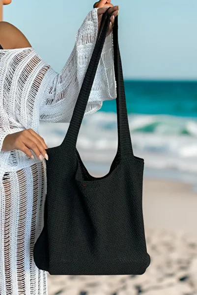AQE FASHION Women's Knitted Summer Knitwear with Shoulder Strap Black Beach Bag 40X36
