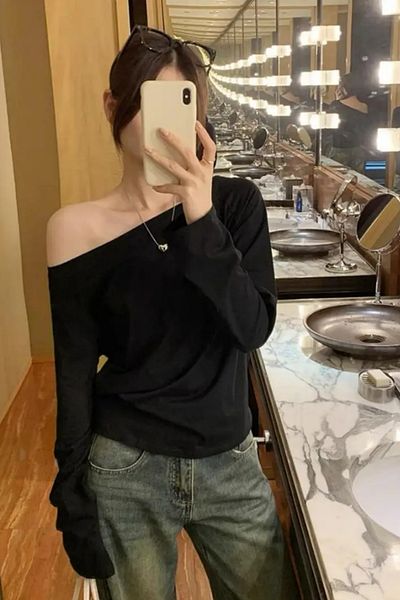Tarz Cool Black Women's Off Shoulder Boat Neck Oversize Long Sleeve T-Shirt