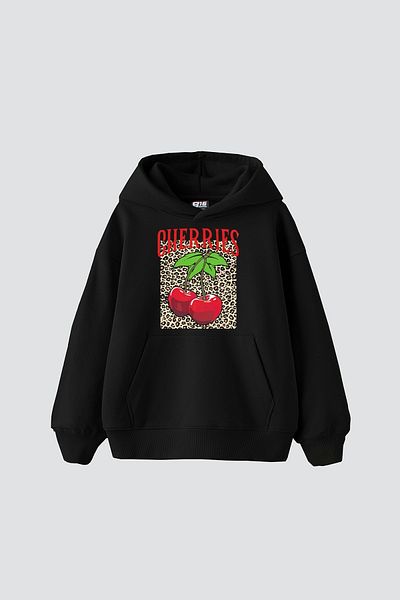 Sekizbiraltı Cherries Leopard Baskılı Oversize Unisex Μαύρο φούτερ