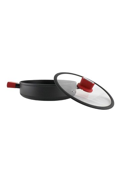 gogiva Low saucepan, aluminum, non-stick, black, with glass lid and red silicone-wrapped handles, 28 cm