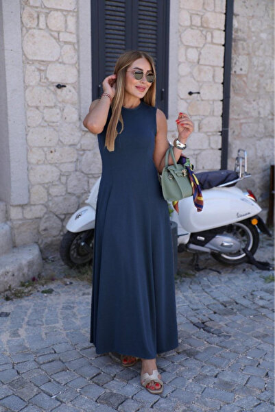 Kokosh moda Kadın Sıfır Kollu Bisiklet Yaka Viskon Elbise