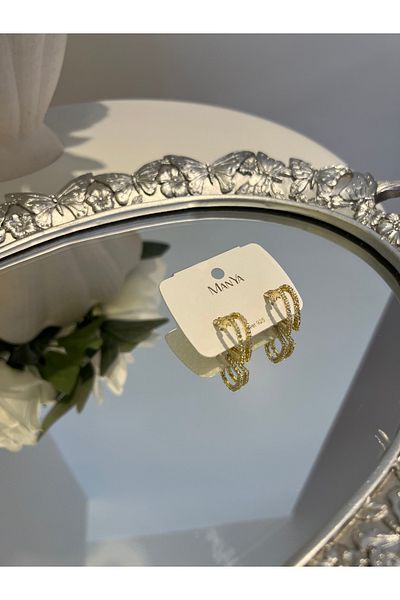 VİYA Gold Pearl and Zircon Stone Hoop Earrings Steel Earrings