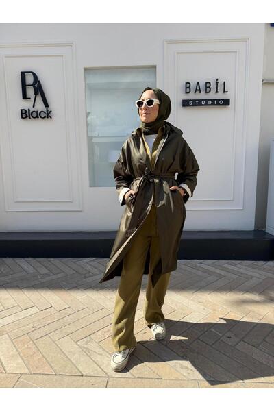 QOOQ STORE Yakası Fermuarlı Kadın Yağmurluk Haki Yeşil