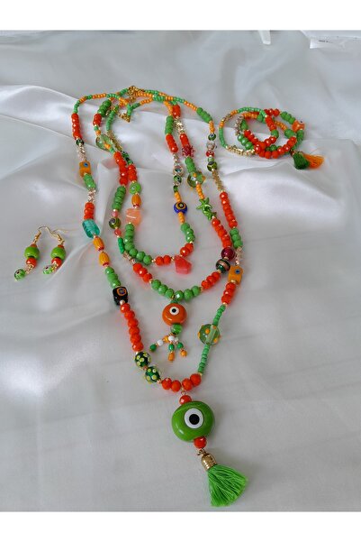 Minnoş Dükkan Bohemian Style Evil Eye Beaded Necklace Bracelet Earring Set