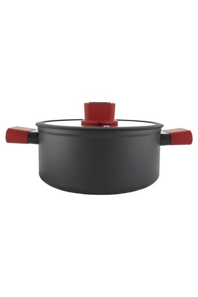 gogiva Saucepan, aluminum, non-stick, black, with glass lid and red silicone-wrapped handles, 5L, 25 cm