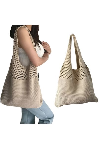 citycenterfashion Women's Plain Knit Shoulder Bag Crochet Casual and Beach Bag