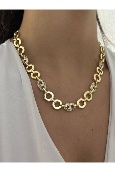 MyladyAccessoriess Zircon Stone Detail Interlocking Chain Necklace (Steel)